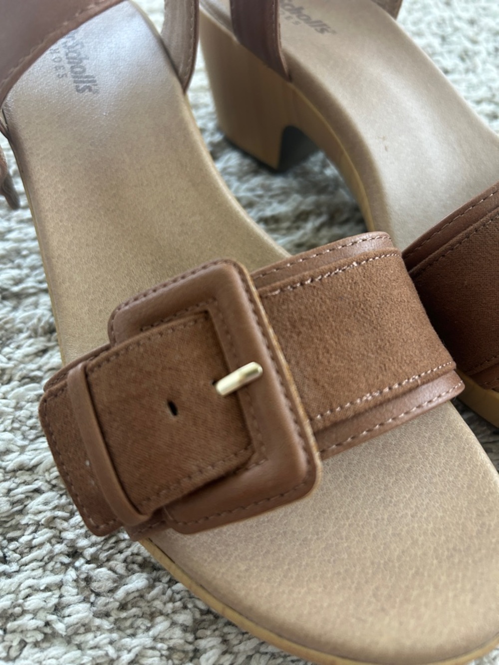 Women's Wooden Heel Brown Buckle Strap Sandals - Picture 2 of 5